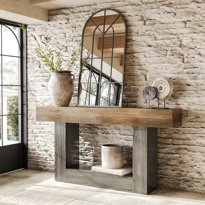 LITTLE TREE 63 Inches Long Console Table, 2-Tier Farmhouse Sofa Table Behind Couch, Large Narrow Entryway Table for Living Room, Wooden Hallway Foyer Table with Heavy Duty Base, Rustic Brown and Grey - color: Rustic Brown and Grey