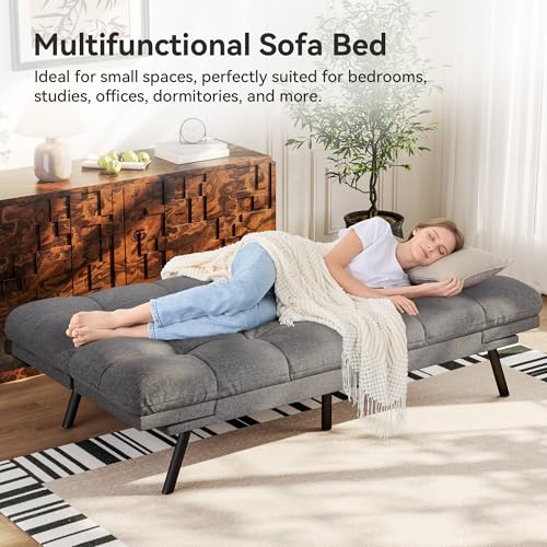 Vipbear Convertible Futon Sofa Bed,Grey Linen Fabric Futon Couch with Detachable Cushion,Adjustable Backrest & Armrest,Modern Loveseat Sleeper Recliner for Living Room,Office,Apartment