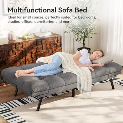 Vipbear Convertible Futon Sofa Bed,Grey Linen Fabric Futon Couch with Detachable Cushion,Adjustable Backrest & Armrest,Modern Loveseat Sleeper Recliner for Living Room,Office,Apartment