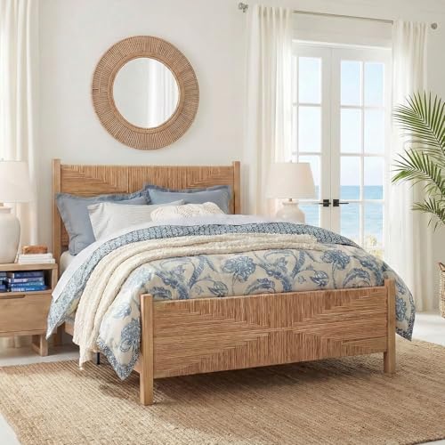 Brafab Queen Size Rattan Bed Frame, Boho Bed Frame with Hand Woven Wicker Headboard & Footboard, Mid-Century Solid Wood Posts and Feet, Metal Slat, No Box Spring Needed, Natural Oak - size: Queen (U.S. Standard)