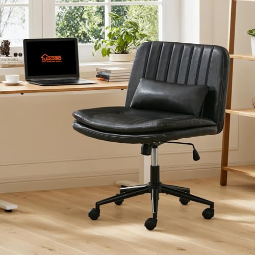 URRED Criss Cross Office Chair, Cross Legged Office Seat with Wheels Armless Swivel Vanity Chair, Height Adjustable Wide Computer Task Seating for Home Office (Black) - color: Black