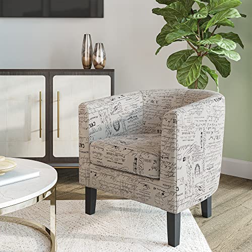 BELLEZE Accent Barrel Chair Set of 2, Linen Round Chair Club Tub Sofa Corner Chair with Flared Legs and Cozy Soft Padding for Living Room Bedroom Waiting Room - Black & Beige - color: Black & Beige, style: Set of 2 Barrel Chair