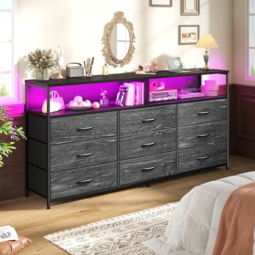 55" W Dresser for Bedroom with 9 Drawers LED, Power Outlets Fits 65" TV | TV Stand for 45, 55, 65 Inch TV Sturdy Long Chest of Drawers with Extra 2 Wooden Shelves Steel Frame Grain Black - color: Grain Black