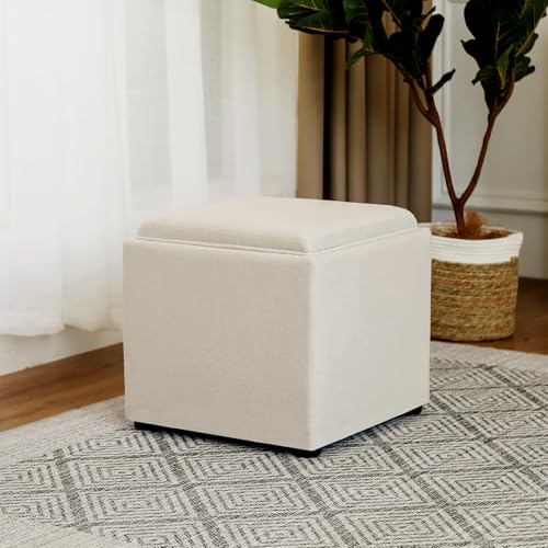 Storage Square Ottoman with Tray, Small Linen Foot Rest Stool Cube, Coffee Table for Dorm Living Room Bedroom, Beige - color: Beige