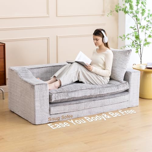 61" Boneless Loveseat Sleeper, Folding Sofa Bed, Faux Fur Cover, Dove Grey | Memory Foam Pull Out Futon Bed with Removable Washable Cover, Space-Saving Fold Out Couch for Living Room & Guest Room - color: Dove Grey