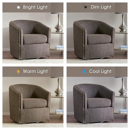Madison Park Swivel Barrel Accent Chair, Upholstered Curved Back with 7-Inch Thick Woven Cushion, 360° Swivel, Nailhead Trim, Comfy Chair for Living Room, Bedroom, Office, 28" Wide, Chocolate, Tyler - color: Chocolate