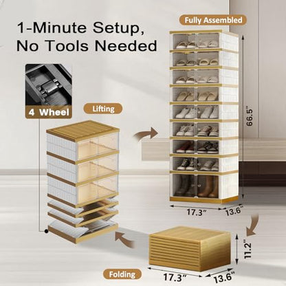 SYNCVIBE Foldable Shoe Rack, 9-Tier, 18 Pairs, 17.3" Wide, White Gold | Foldable Shoe Organizer, Collapsible Shoe Cabinet with Doors, Stackable Shoe Shelves for Closet, Entryway and Living Room - size: 9 Tiers -18 Pairs White Gold