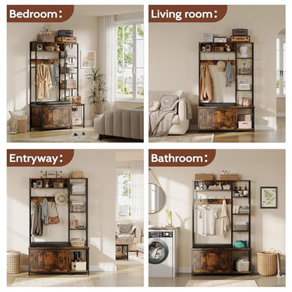 Hall Tree Coat Rack, Hall Tree With Bench and Shoe Storage Shoe With, Mud Room Storage Furniture，39.37 X 15.74 X 69.69 Inches, Brown - color: Brown
