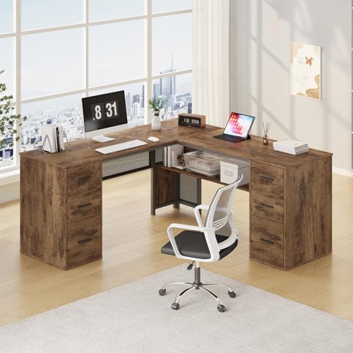 HSH L Shaped Desk with Drawers, Rustic Brown Corner Desk with Storage | 59 In Large Home Office Corner Computer Desks with Storage File Cabinet, Modern Metal Wood Desks for Executive Workstation - color: Rustic Brown