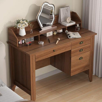 4 EVER WINNER Wooden Desk with Drawers, Small Desk with Monitor Stand and File Drawe, Writing Desk with Drawers for Bedroom Small Spaces, Walnut - color: Walnut