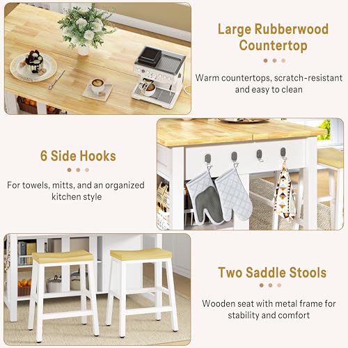 Kitchen Island with Storage and Seating Include 2 Bar Stools, Drawers,White | 47" Solid Rubberwood Top Kitchen Island with Trash Can Storage, Power Outlet, 6 Hooks, Coffee Bar Cabinet, Dining Table for 2 - color: White