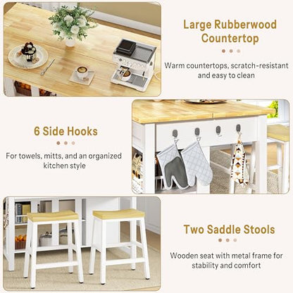 Kitchen Island with Storage and Seating Include 2 Bar Stools, Drawers,White | 47" Solid Rubberwood Top Kitchen Island with Trash Can Storage, Power Outlet, 6 Hooks, Coffee Bar Cabinet, Dining Table for 2 - color: White