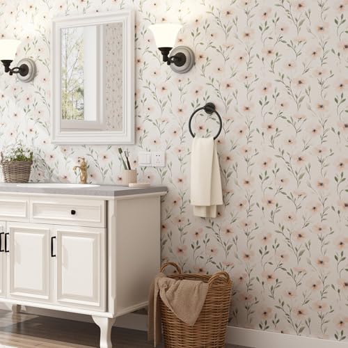 FUKU MON Soft Pink Boho Floral Peel and Stick Wallpaper Vintage Watercolor Removable Self Adhesive Wallpaper, Waterproof Renter Friendly Contact Paper for Girls Bedroom Nursery Decor,15.7"x197" - color: White, size: 15.7" x 197"