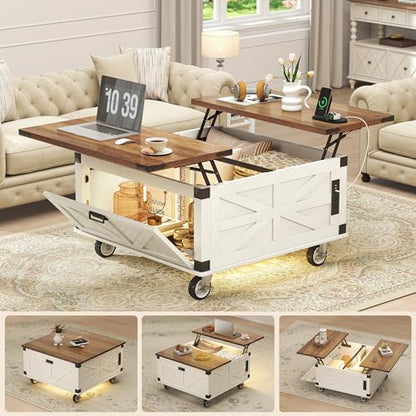 Farmhouse Coffee Table with Lifting Top & 4 Wheels for Living Room | LED White Square Center Tables with Large Storage & Charging Station, Wood