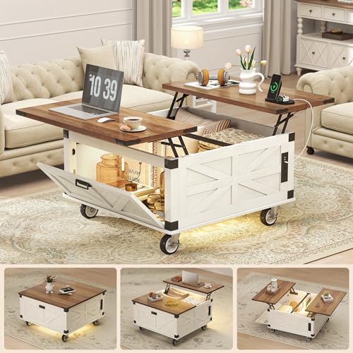 Farmhouse Coffee Table with Lifting Top & 4 Wheels for Living Room | LED White Square Center Tables with Large Storage & Charging Station, Wood