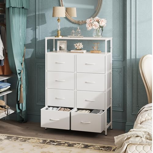 WLIVE 8 Drawer White Fabric Dresser Open Shelves,Tall Storage Tower | White 8-drawer fabric dresser with open shelves, great baby dresser for nursery kids bedroom closet toddler storage - color: White, style: Raised Shelves
