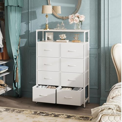 WLIVE 8 Drawer White Fabric Dresser Open Shelves,Tall Storage Tower | White 8-drawer fabric dresser with open shelves, great baby dresser for nursery kids bedroom closet toddler storage - color: White, style: Raised Shelves