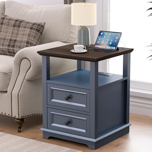 18" Wide End Table with Fast Charging Station Set of 2, 18” Wide Sofa Side Table with Drawers,End Table with Drawers for Living Room,Blue - color: Dark Blue, size: 1 Set