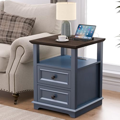 18" Wide End Table with Fast Charging Station Set of 2, 18” Wide Sofa Side Table with Drawers,End Table with Drawers for Living Room,Blue - color: Dark Blue, size: 1 Set