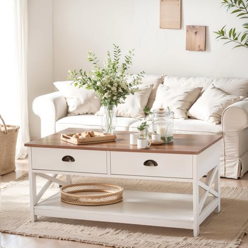 PHI VILLA White Coffee Table with Drawers,2 Tiers Living Room Coffee Table | Storage Shelf Rustic Rectangle Coffee Table with Drawers, Farmhouse Wood Coffee Table, Modern Style - color: Ivory 3