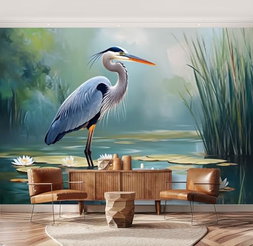 Wall Mural Bird Blue Heron Pond Natural Water Lilies Rippling Reeds Serene Peel & Stick Wallpaper Removable Self-Adhesive Large Wall Sticker Wall Decor for Bedroom Living Room Nursery 69"x96" - color: Multi6, size: 69"x96"