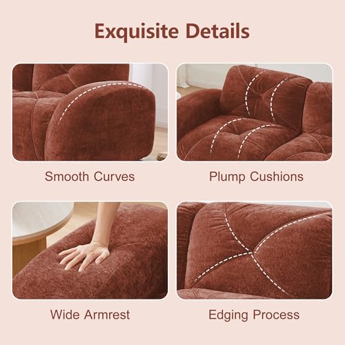 111" Velvet Modular Sofa Cama para Cuarto, Small Couches for Living Room with High Density Sponge, Cloud Loveseat with Tufted Design for Home Theater Study Space, Red+Brown - color: Red+brown