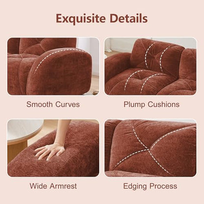 111" Velvet Modular Sofa Cama para Cuarto, Small Couches for Living Room with High Density Sponge, Cloud Loveseat with Tufted Design for Home Theater Study Space, Red+Brown - color: Red+brown