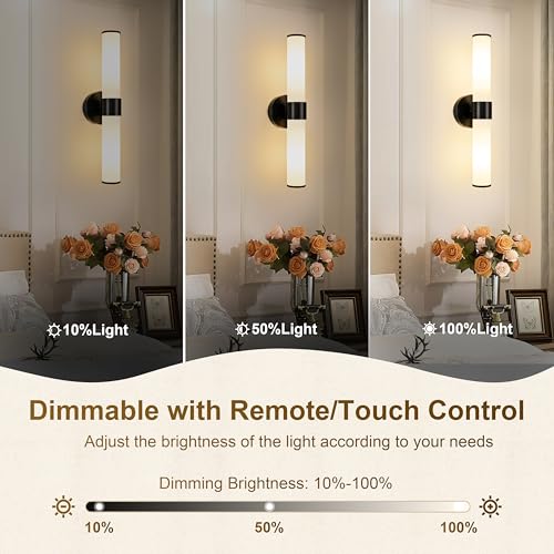 Morauroral Black Battery Operated Wall Sconces Set of 2, Rechargeable Wall Lights with Remote, 20 Inch Modern Cordless Wall Lamp for Bedroom, Living Room with White Shade (Bulbs Included) - color: Black（White Glass）