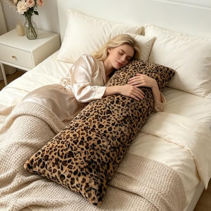 Leopard Body Pillow Cover 20x54 Inches, Brown Cheetah Faux Fur Fluffy Long Pillowcase with Zipper, Soft Shaggy Plush Fuzzy Body Pillow Cover for Bed Sofa Couch, Cozy Side Sleeper Pillow Cover - size: 54"x20"(Pack of 1)
