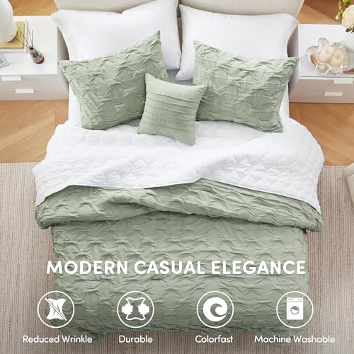 Comfort Spaces All Season King Size Comforter Set for Girls, 4 Piece, Green | Bailey Ogee Ruched Bedding Set Cal King with Crinkle Texture Lightweight, Breathable Durable, Decorative Modern, Décor Pillow - color: Green, size: King/Cal King