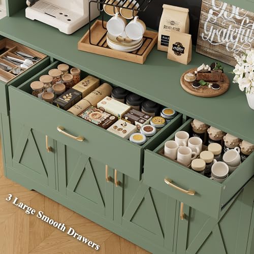 HOSTACK 71" Tall Kitchen Pantry Storage Cabinet, 55" W Kitchen Hutch, Green | Large Pantry Cabinet with Charging Station / Countertop / 3 Drawers, Farmhouse Hutch Cabinet with Storage for Dining Room - color: Green