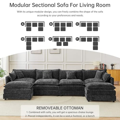 Modular Sectional Sofa, 147.2 Inch U Shaped Couch Set with Armrests, 4-Seater Comfy Cloud Couches with Movable Ottoman for Living Room Apartment, Grey - color: Grey, size: 147.2'' - U Shape