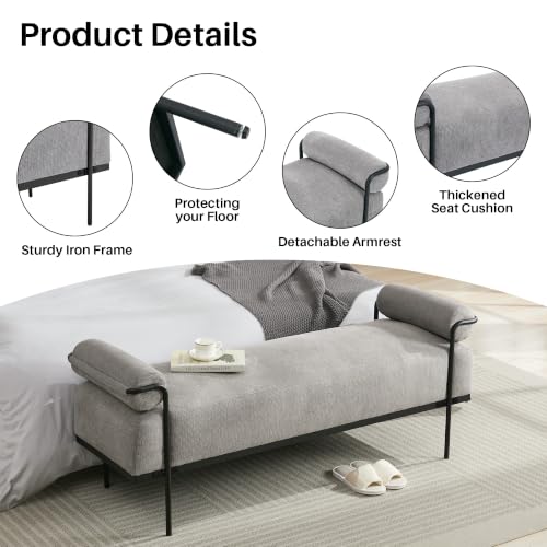 SOFTHION 61.2" End of Bed Bench, Chenille Upholstered Entryway Bench, Grey | Modern Upholstered Bench Ottoman, Footrest Stool with Sturdy Metal Frame and Legs for Living Room/Foyer/Mudroom/Hallway - color: Grey