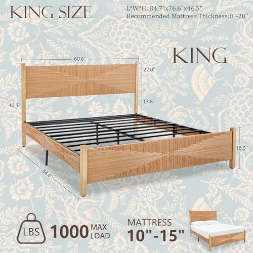 Brafab King Size Rattan Bed Frame, Boho Bed Frame with Hand Woven Wicker Headboard & Footboard, Mid-Century Solid Wood Posts and Feet, Metal Slat, No Box Spring Needed, Natural Oak - size: King (U.S. Standard)