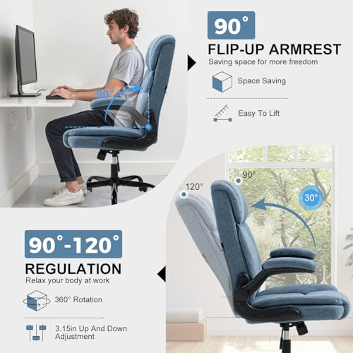 Fabric Office Chair High Back Executive Ergonomic Chair Flip Arms | Premium cloth fabric office chair with high back ergonomic support, flip-up arms, adjustable height, 90°-120° tilt function - color: Blue