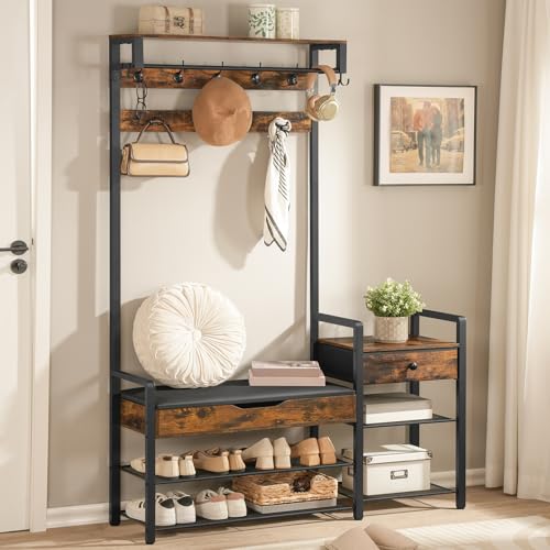 HOOBRO Hall Tree with Bench, Shoe and Coat Rack for Entryway, Coat Rack with Bench, Flip Top Storage Box, PU Cushioned Seat, Non-Woven Fabric Drawer, for Entrance, Rustic Brown and Black BF110MT01 - color: Rustic Brown + Black
