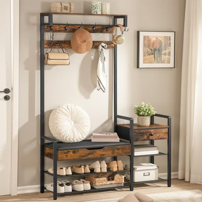HOOBRO Hall Tree with Bench, Shoe and Coat Rack for Entryway, Coat Rack with Bench, Flip Top Storage Box, PU Cushioned Seat, Non-Woven Fabric Drawer, for Entrance, Rustic Brown and Black BF110MT01 - color: Rustic Brown + Black