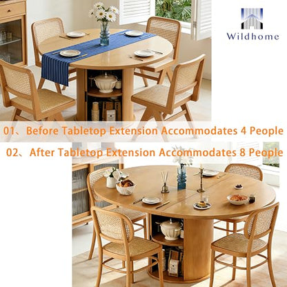 Wildhome Extendable Round Dining Table for 2-4-6, 59 Inch Dining Room Kitchen Table with 2-Tier Storage Shelf, Modern Farmhouse Fluted Wood Slide Door Dinner Furniture,Oval Circle,Oak - color: Oak-59 Inch