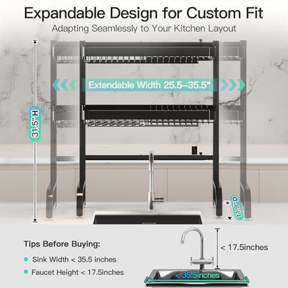 3 Tier Extra Large Stainless Steel Over The Sink Dish Drying Rack | Rust Proof Metal, Expandable Kitchen Sink Drainer, Counter Space Saving, Heavy Duty, Modern Black, Multifunctional Storage - color: Black, size: Over Sink 3 Tier