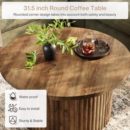 Tribesigns Round Coffee Table, 31.5" Farmhouse Circle Center Table with Fluted Drum Base & Wooden Grain Veneer Top, Modern Wooden Accent Cocktail Table for Small Space, Living Room, Apartment
