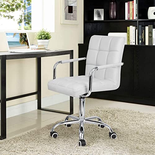 JUMMICO Vanity Modern Office Chair with Wheels White Desk Chair PU Leather Mid-Back Rolling Cute Task Chair for Office, Teen,Make Up,Bedroom Desks (White) - color: White