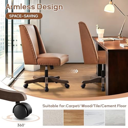 Upholstered Armless Office Chair Faux Leather Swivel Home Desk Office Chair | Modern Comfy Boho Office Chair with Wheels Adjustable Desk Chair no Arms for Sewing Women Farmhouse Study Studio PU Brown - color: Pu Brown