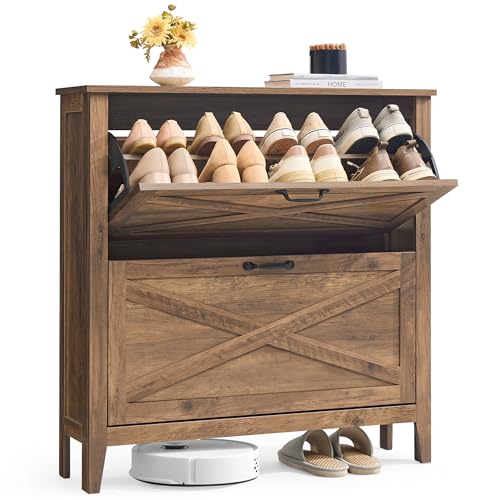 VASAGLE Farmhouse Shoe Cabinet, Narrow Storage Organizer, 2 Flip Drawers | Shoe Storage Organizer, Fits 16 Pairs, 34.3 x 9.5 x 34.6 in, Honey Brown, LIRY Collection UHSC201K01 - color: Honey Brown, size: 9.4"D x 34.3"W x 34.6"H, style: 2 Flip Drawers