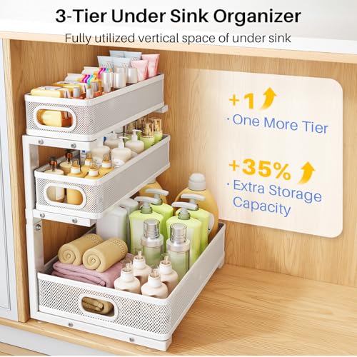 Under Sink Organizer, 3-Tier Thickened Metal Pull out Cabinet Organizer Shelf, Height Adjustable Slide out Storage Drawer Rack for Kitchen Bathroom Pantry Laundry Home Organization, 2-Pack, White | 35% Extra Storage Capacity, Carbon Steel, Hold Up 55lbs,