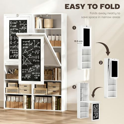 HOMCOM Foldable Convertible Writing Table Space-Saving Computer Desk White | Wall Mounted Design, Chalkboard, Storage Shelves, for Small Spaces, Home Office, Bedroom, Dorm, Apartment - color: White