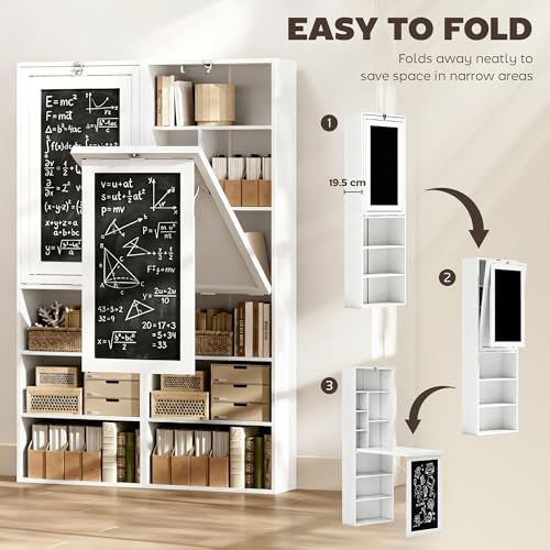 HOMCOM Foldable Convertible Writing Table Space-Saving Computer Desk White | Wall Mounted Design, Chalkboard, Storage Shelves, for Small Spaces, Home Office, Bedroom, Dorm, Apartment - color: White