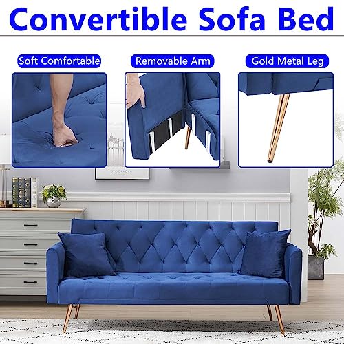 Majnesvon 71" Convertible Folding Sleeper Sofa Couch,Modern Velvet Loveseat Sleeper with 2 Pillows, Futon Sofa Bed with Mattress and Frame for Living Room,Bedroom,Small Space (Blue) - color: Blue