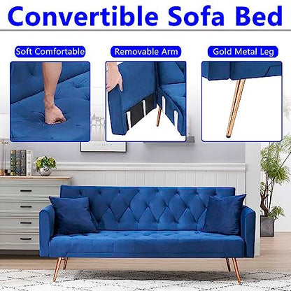 Majnesvon 71" Convertible Folding Sleeper Sofa Couch,Modern Velvet Loveseat Sleeper with 2 Pillows, Futon Sofa Bed with Mattress and Frame for Living Room,Bedroom,Small Space (Blue) - color: Blue