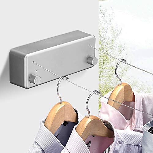 Retractable Double Clothesline Laundry Indoor Washing Clothes Line | Adjustable Stainless Steel Clothes Dryer Rope String, Hotel Style Heavy Duty, 13.8 Feets, Wall Mounted, Silver ABS Aluminum - size: Double Rope, style: Silver