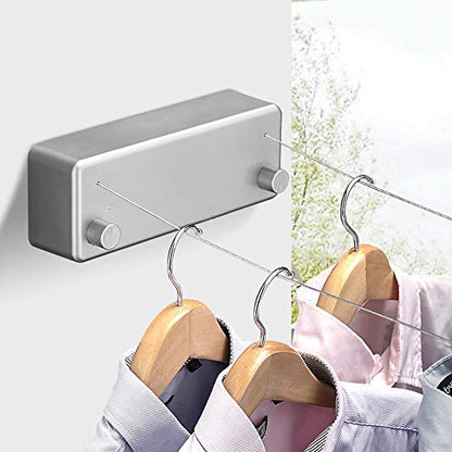 Retractable Double Clothesline Laundry Indoor Washing Clothes Line | Adjustable Stainless Steel Clothes Dryer Rope String, Hotel Style Heavy Duty, 13.8 Feets, Wall Mounted, Silver ABS Aluminum - size: Double Rope, style: Silver